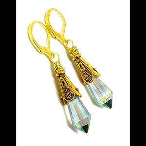 AB Light Green Crystal Prism Briolette Gold Tone Bali Style Lever Back Earrings